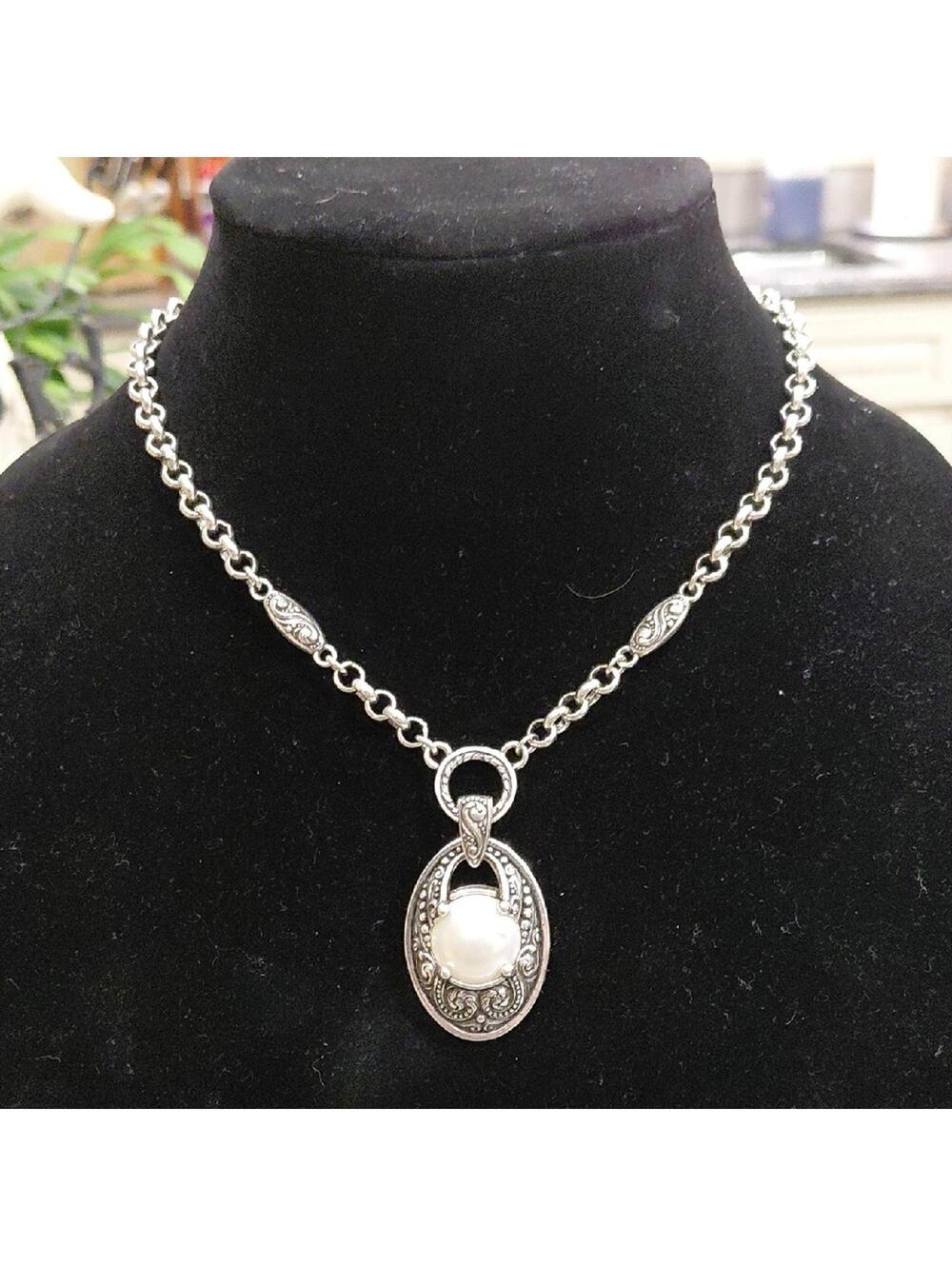 "Brighton" 2 in 1 Necklace. Silver Pearl Necklace and Silver Scroll Necklace...